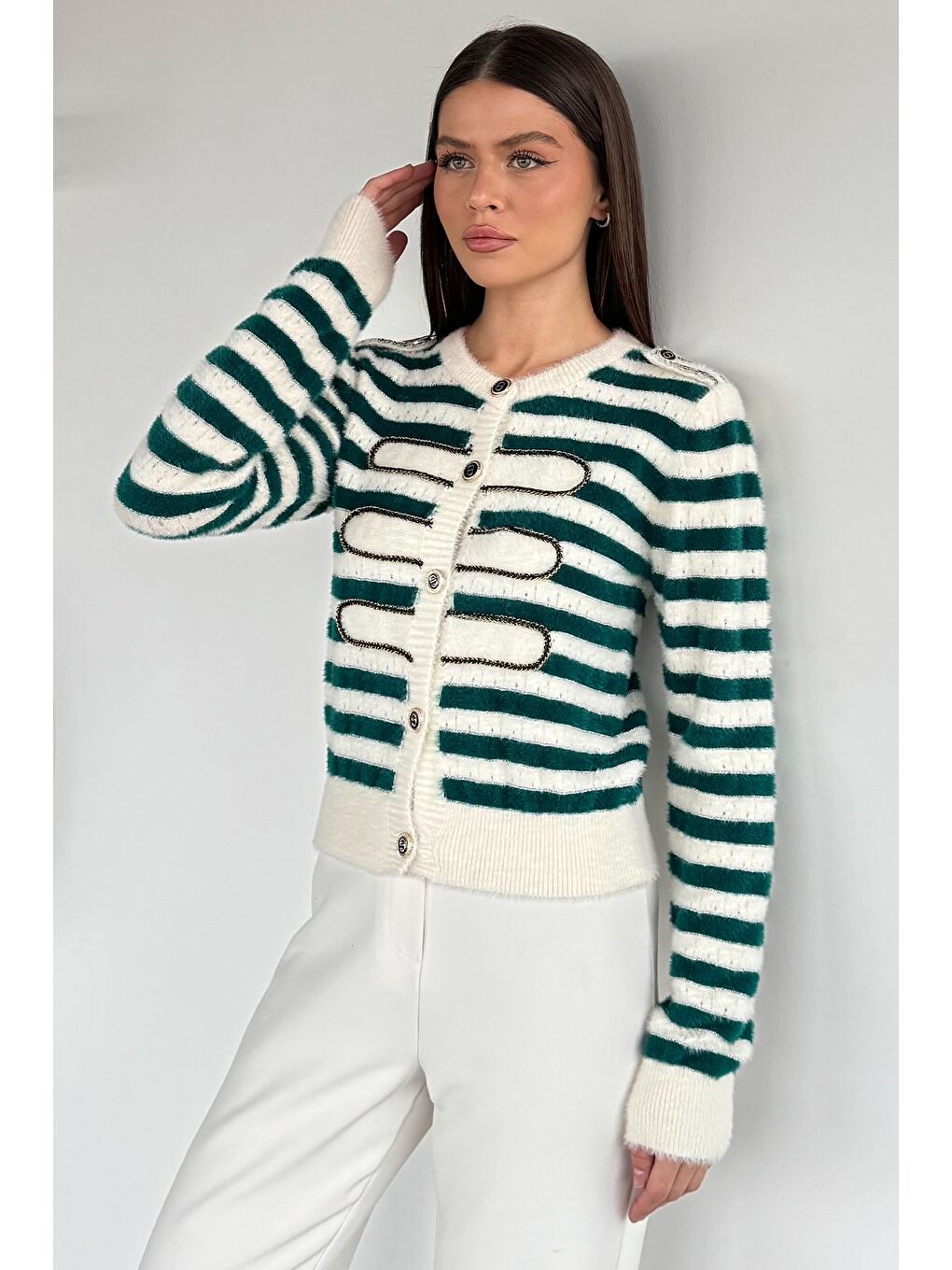 Yeşil Çizgili Yumoş Triko Hırka (s,m,l Uyumludur)-1