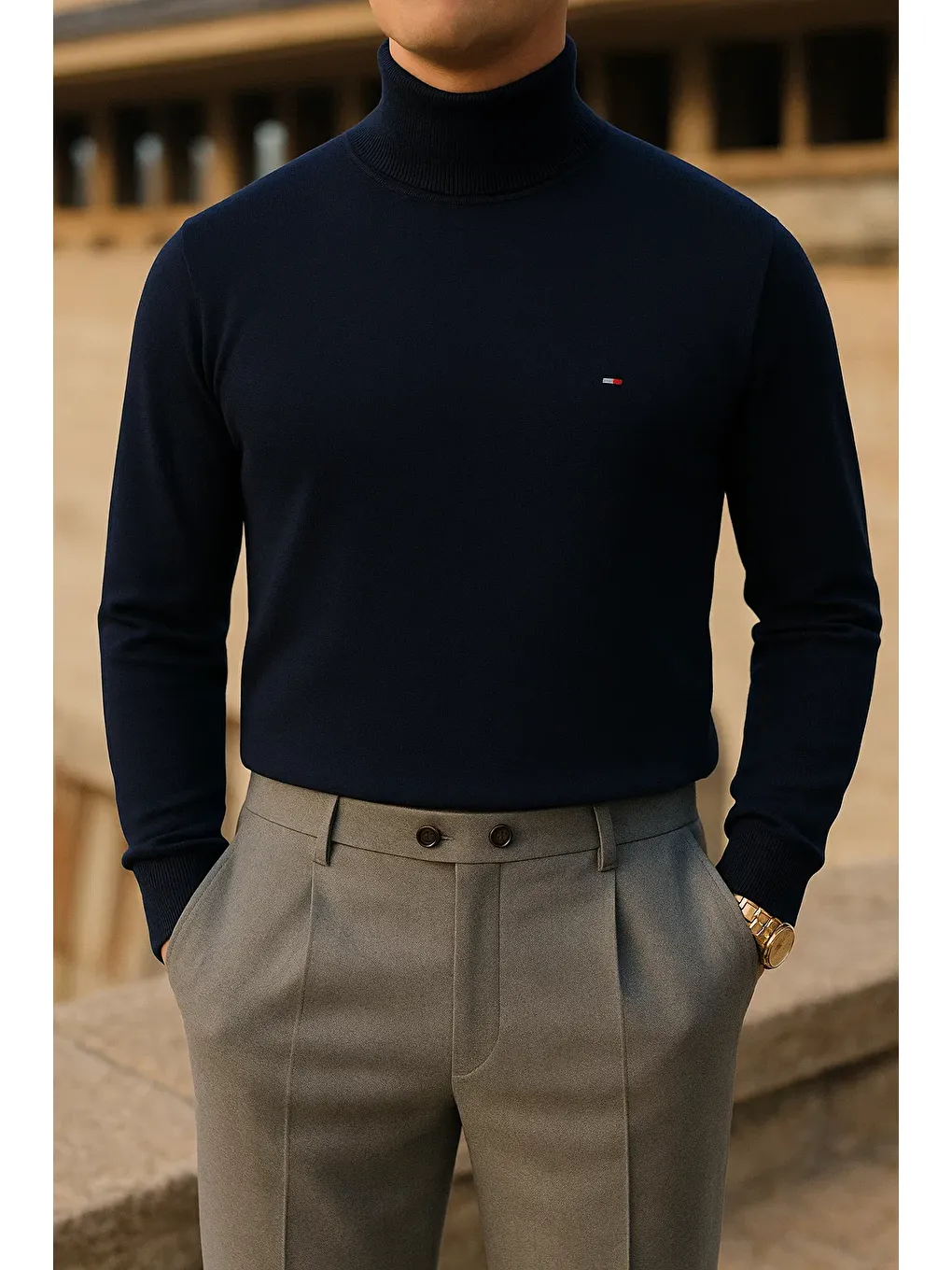 Erkek Trend Kışlık Boğazlı Lacivert Triko Kazak