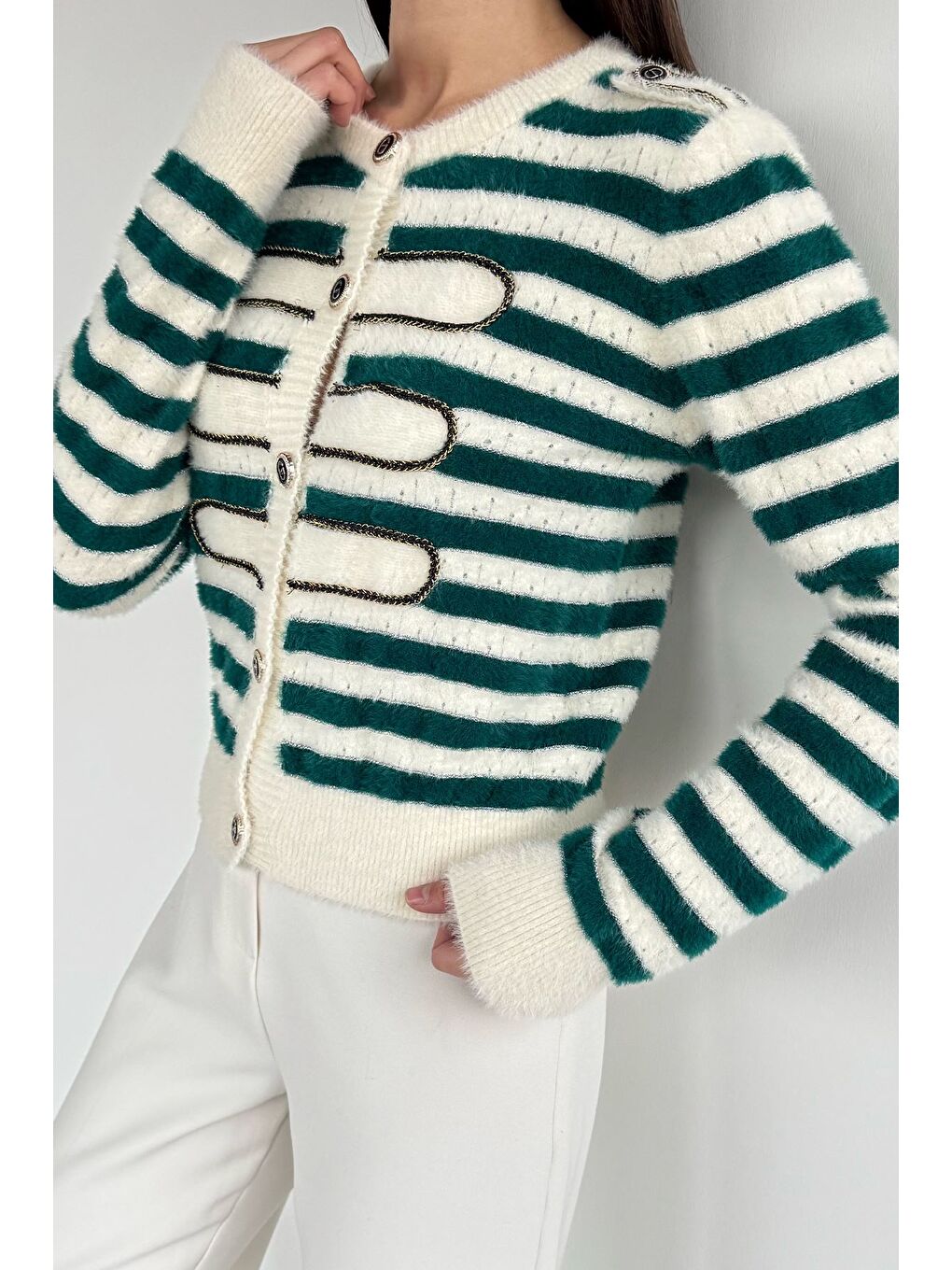 Yeşil Çizgili Yumoş Triko Hırka (s,m,l Uyumludur)-2