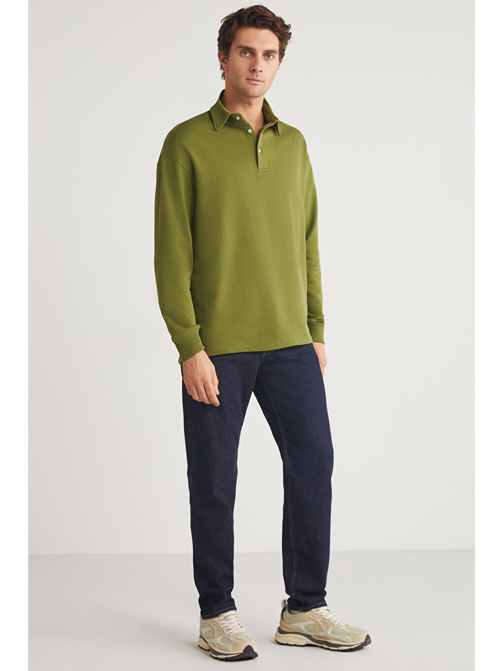 Erkek Polo Sweat Gömlek Yakalı Organik Pamuklu Yırtmaçlı İçi Polarsız Haki Sweatshirt-4
