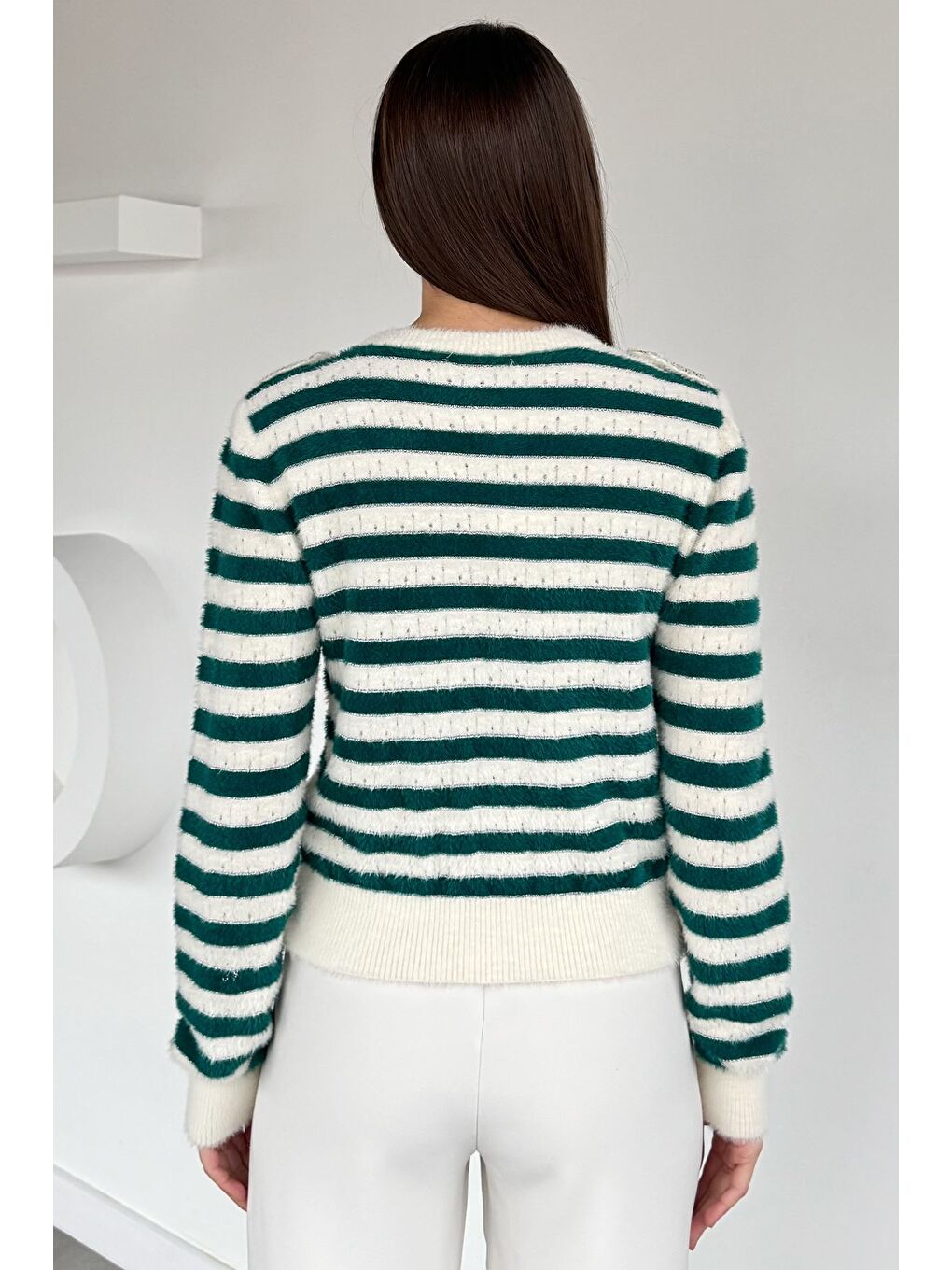 Yeşil Çizgili Yumoş Triko Hırka (s,m,l Uyumludur)-3