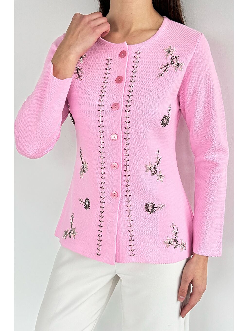 Pembe Taşlı Triko Hırka