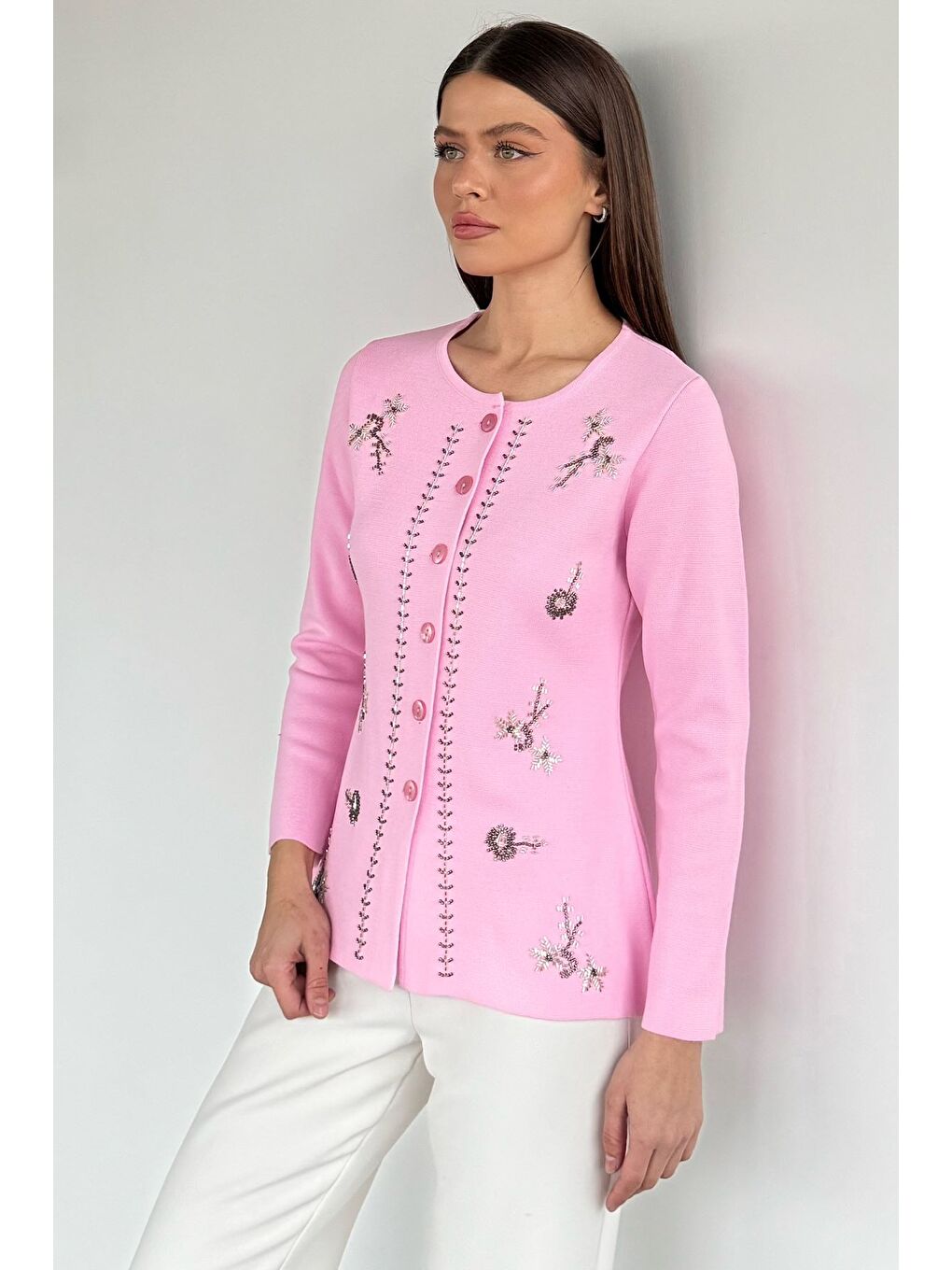 Pembe Taşlı Triko Hırka-1