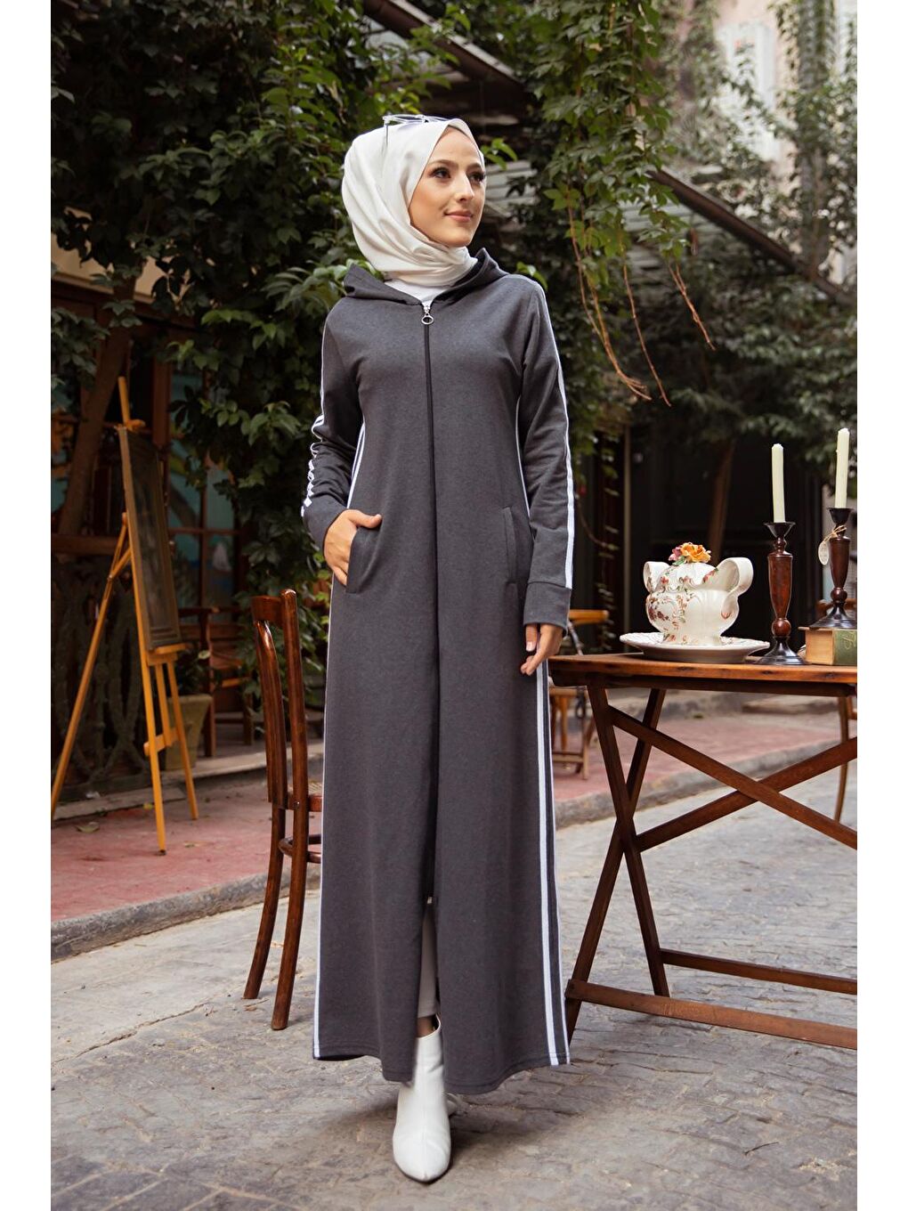 Kapüşonlu Kadın Antrasit Ferace- 4133-1