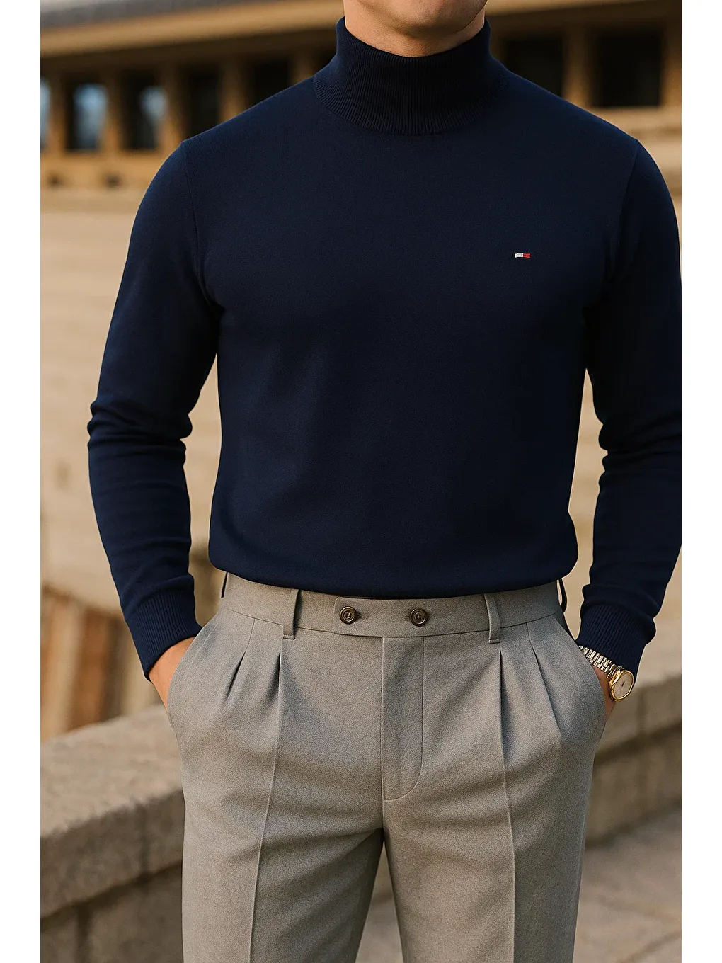 Erkek Trend Kışlık Boğazlı Lacivert Triko Kazak-1