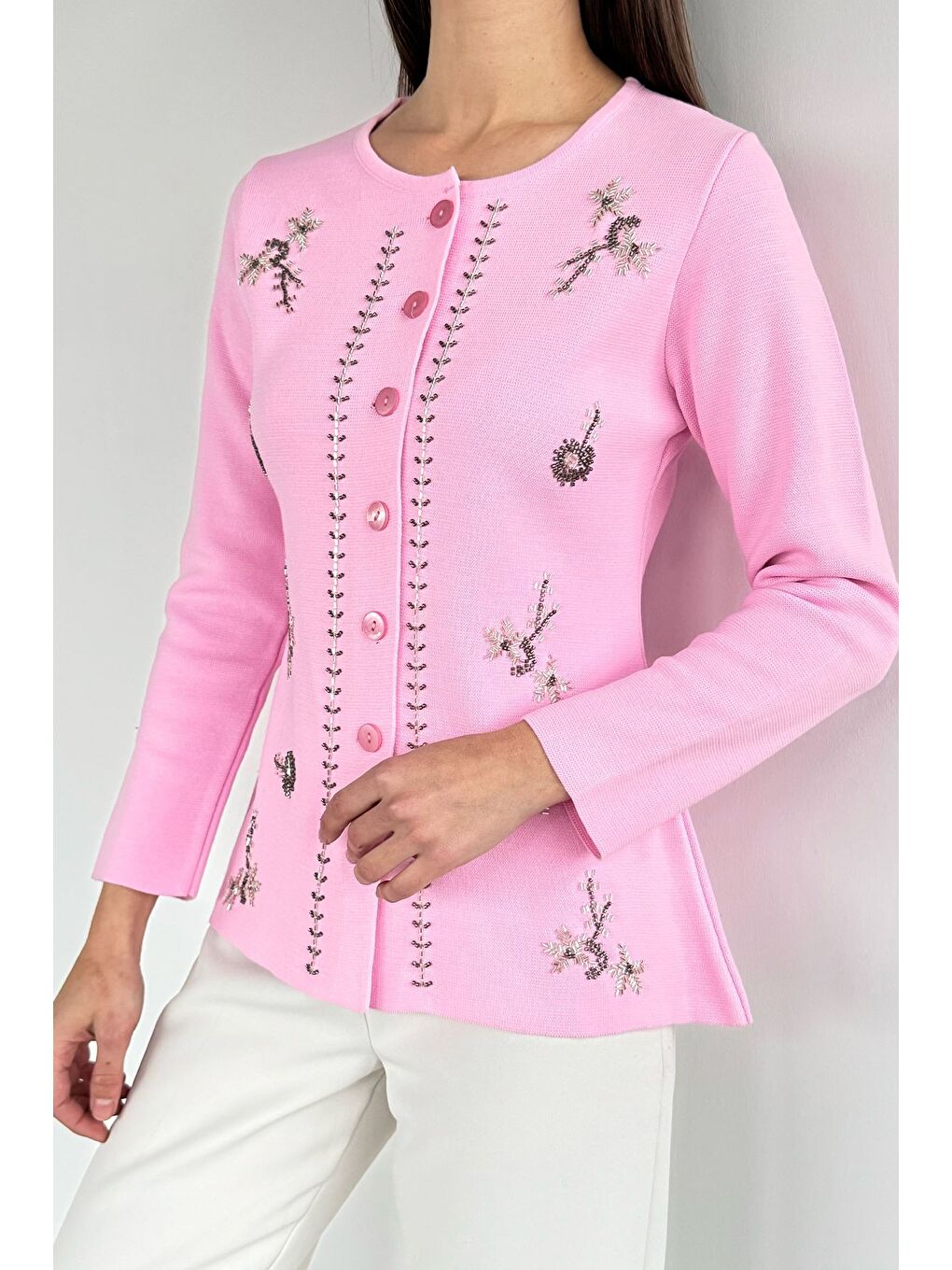 Pembe Taşlı Triko Hırka-2