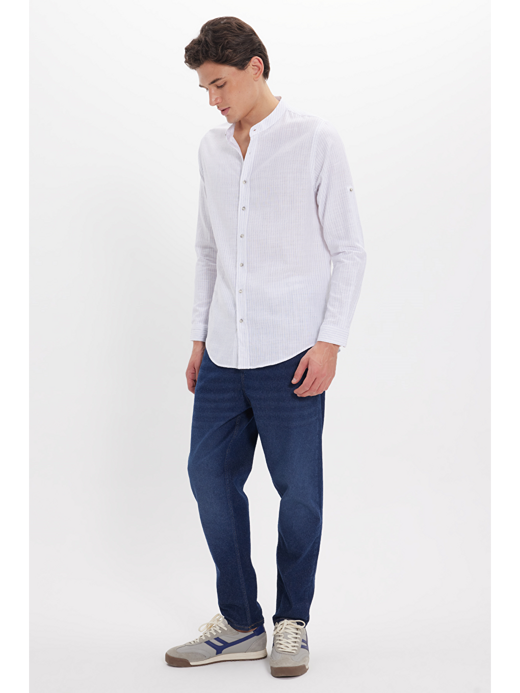 Mavi Erkek Slim Fit Dar Kesim Uzun Kollu %100 Pamuk Keten Doku Çizgili Hakim Yaka Gömlek-1