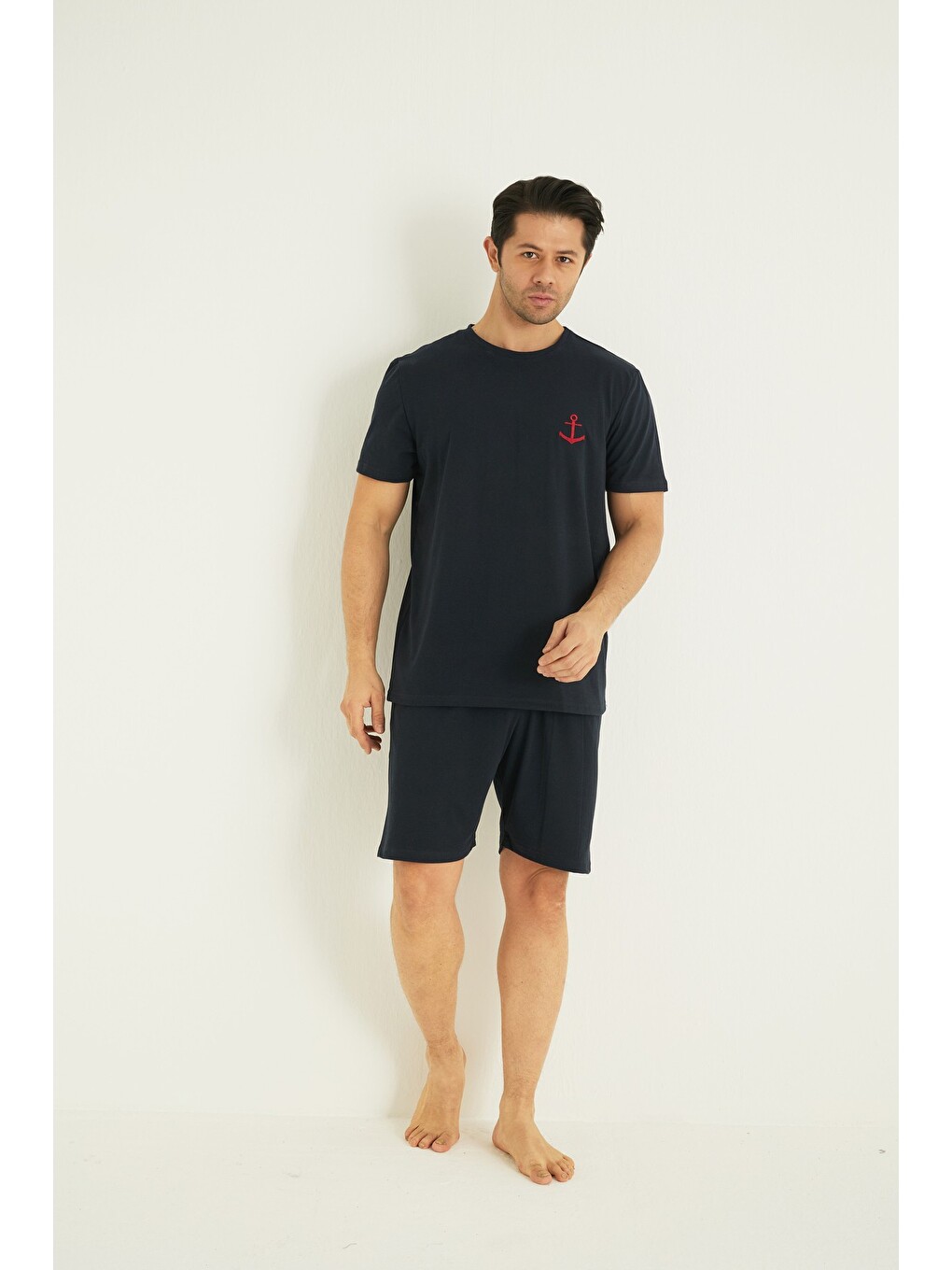 Lacivert Kısa Kollu Örme Nakışlı Erkek Şort-pijama Takım 7820-1