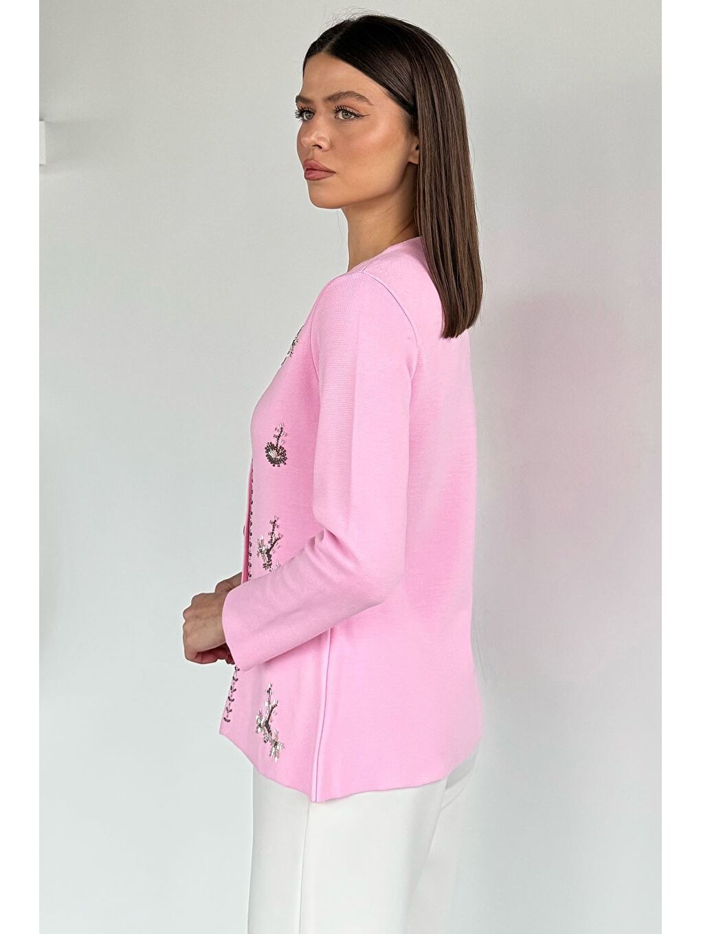 Pembe Taşlı Triko Hırka-3