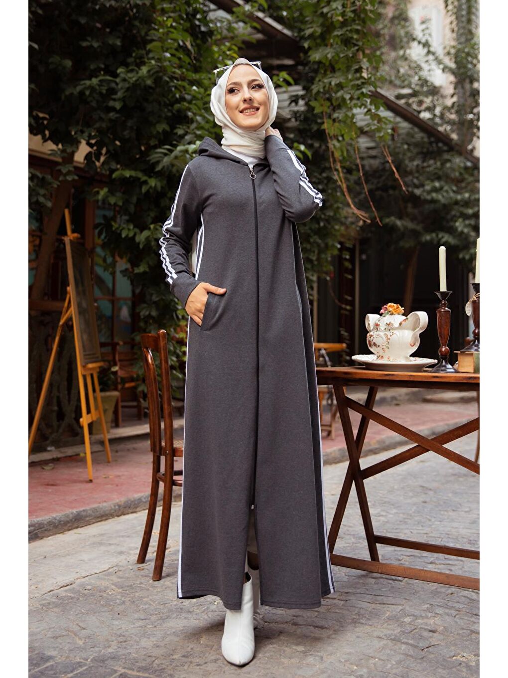 Kapüşonlu Kadın Antrasit Ferace- 4133-2