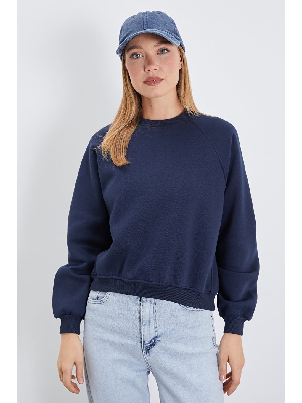 Lacivert 3 İplik Basic Bisiklet Yaka Oversize Sweatshirt-1