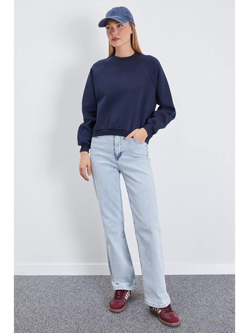 Lacivert 3 İplik Basic Bisiklet Yaka Oversize Sweatshirt-3