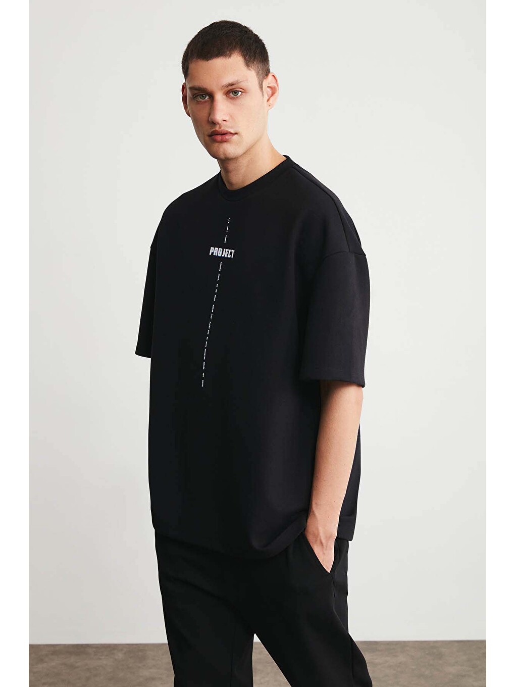 Siyah PROJECT Erkek Baskı Detaylı Oversize Fit %100 Organik Pamuk Örme Bisiklet Yaka Örme SİYAH T-Shirt-2
