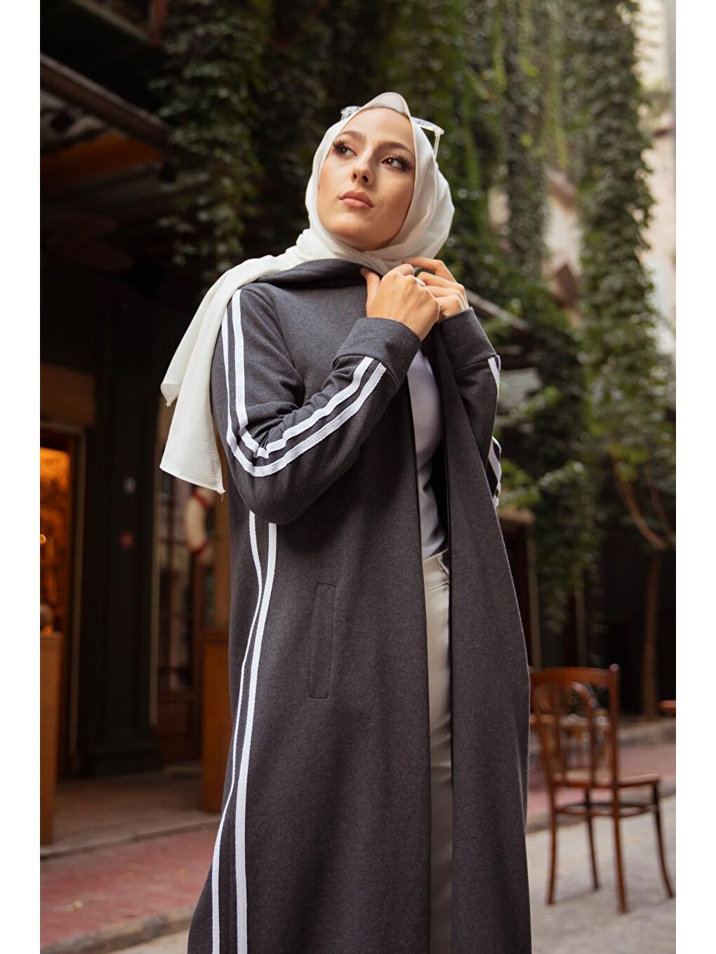 Kapüşonlu Kadın Antrasit Ferace- 4133-3
