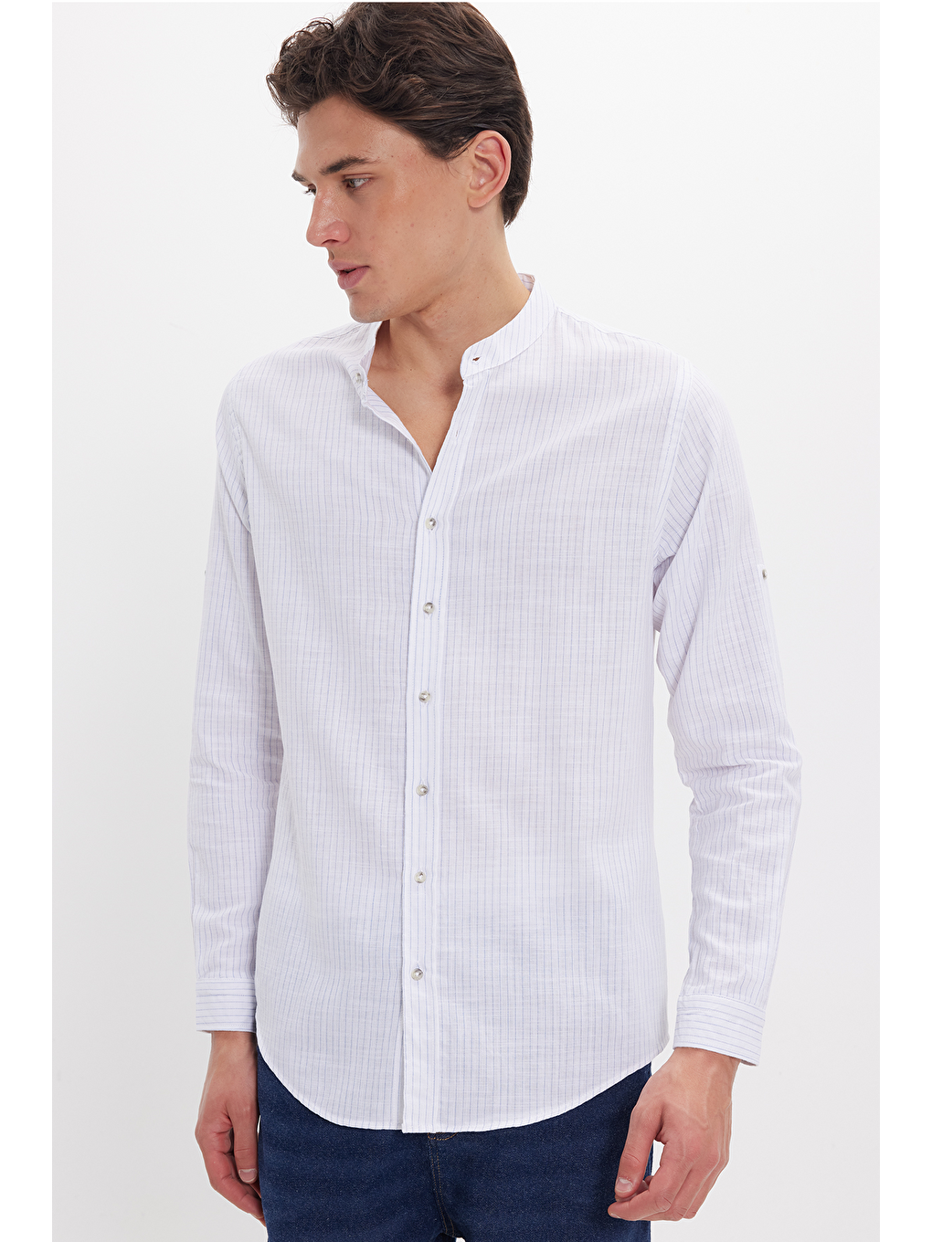 Mavi Erkek Slim Fit Dar Kesim Uzun Kollu %100 Pamuk Keten Doku Çizgili Hakim Yaka Gömlek-2