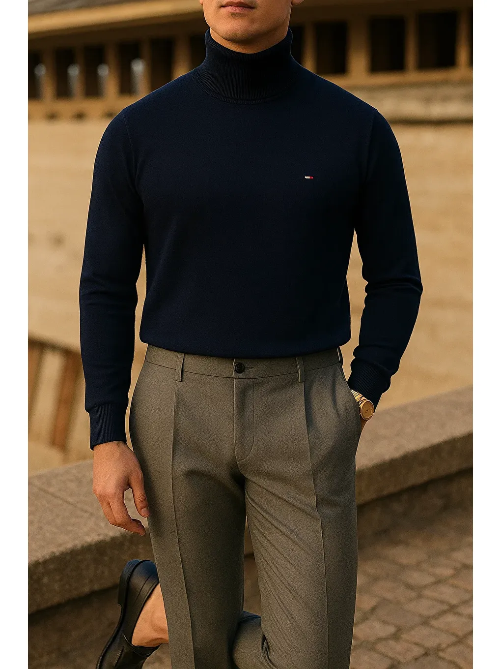 Erkek Trend Kışlık Boğazlı Lacivert Triko Kazak-3