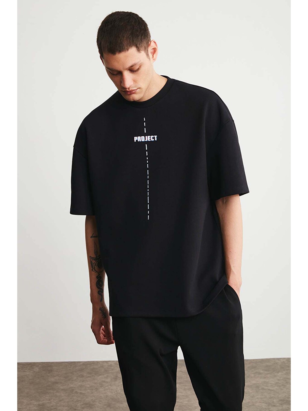 Siyah PROJECT Erkek Baskı Detaylı Oversize Fit %100 Organik Pamuk Örme Bisiklet Yaka Örme SİYAH T-Shirt-3