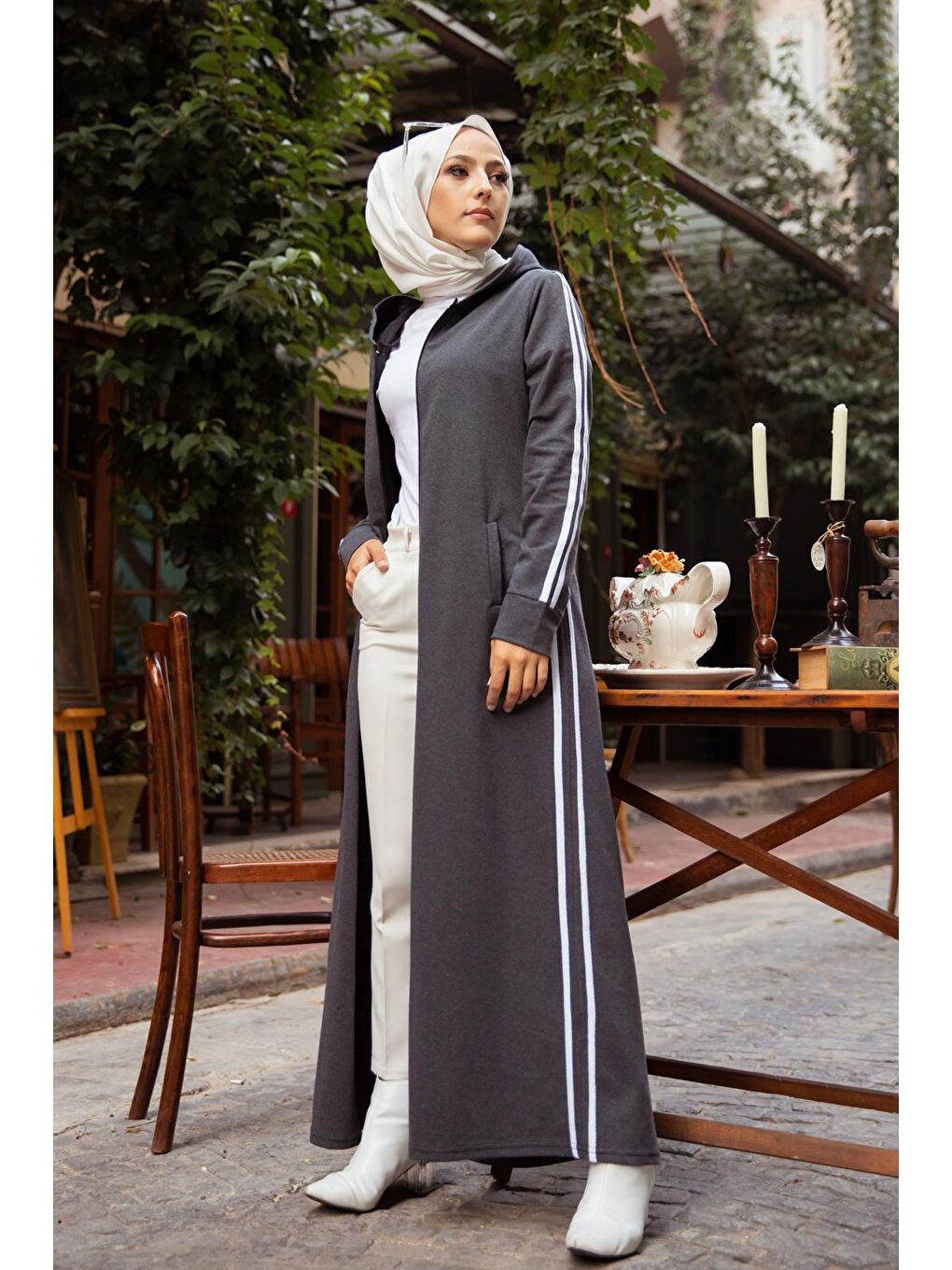 Kapüşonlu Kadın Antrasit Ferace- 4133-4