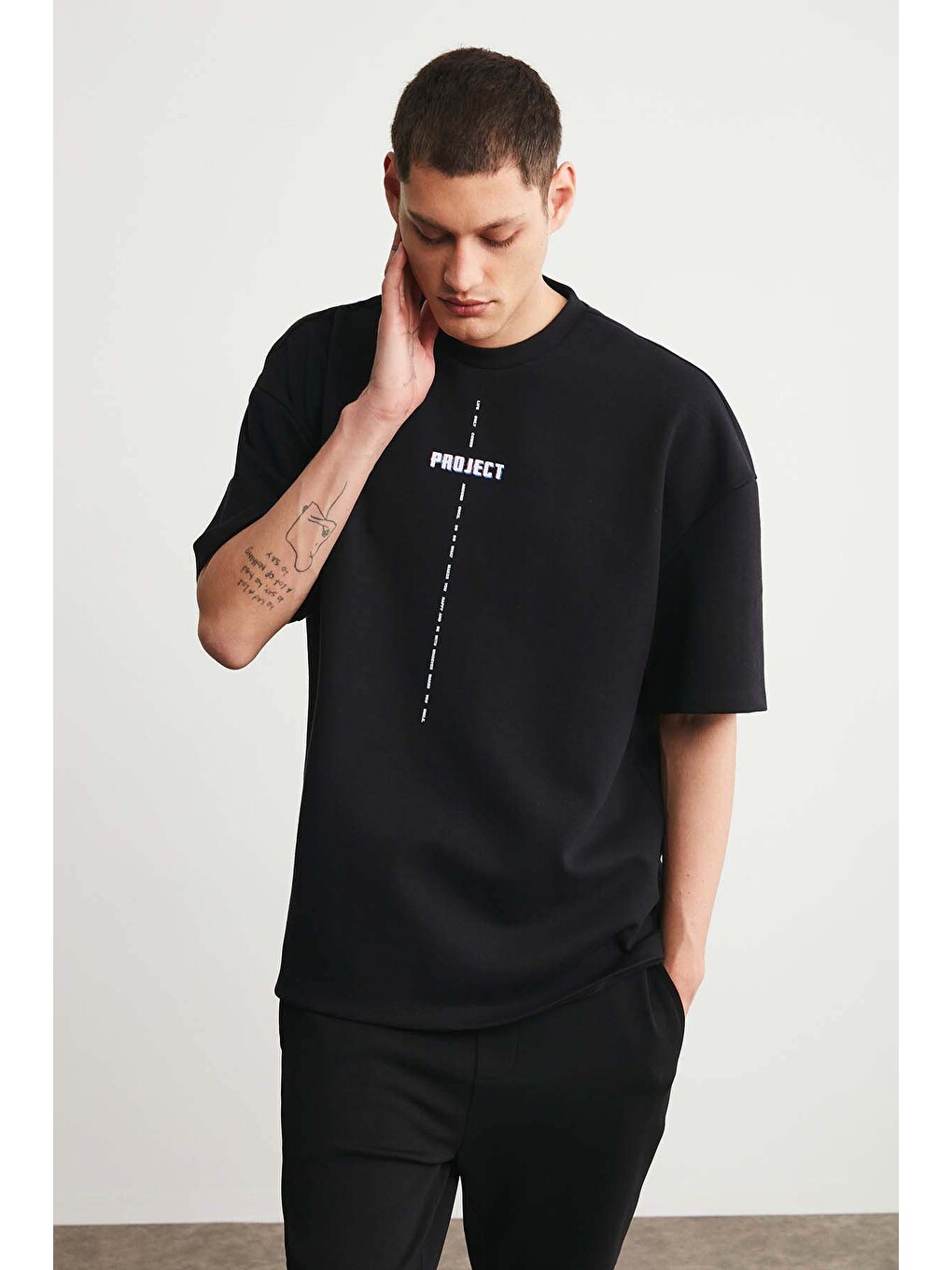 Siyah PROJECT Erkek Baskı Detaylı Oversize Fit %100 Organik Pamuk Örme Bisiklet Yaka Örme SİYAH T-Shirt-4