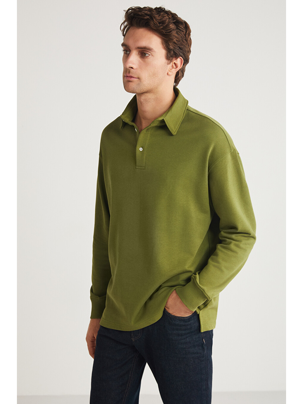 Erkek Polo Sweat Gömlek Yakalı Organik Pamuklu Yırtmaçlı İçi Polarsız Haki Sweatshirt-5
