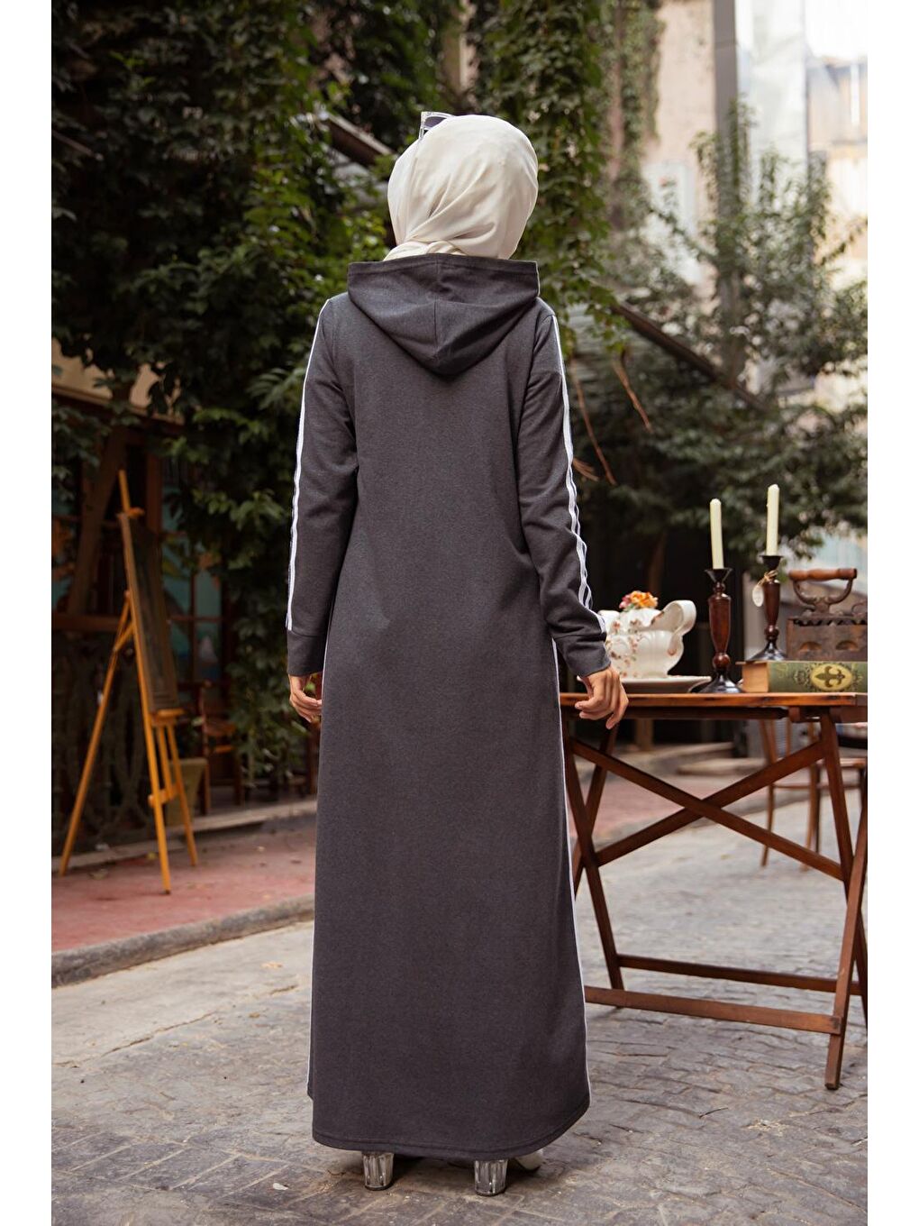 Kapüşonlu Kadın Antrasit Ferace- 4133-5