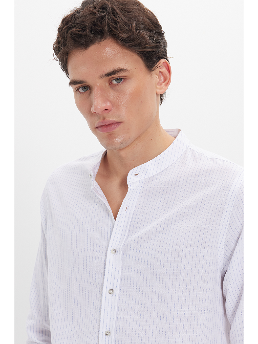 Mavi Erkek Slim Fit Dar Kesim Uzun Kollu %100 Pamuk Keten Doku Çizgili Hakim Yaka Gömlek-3