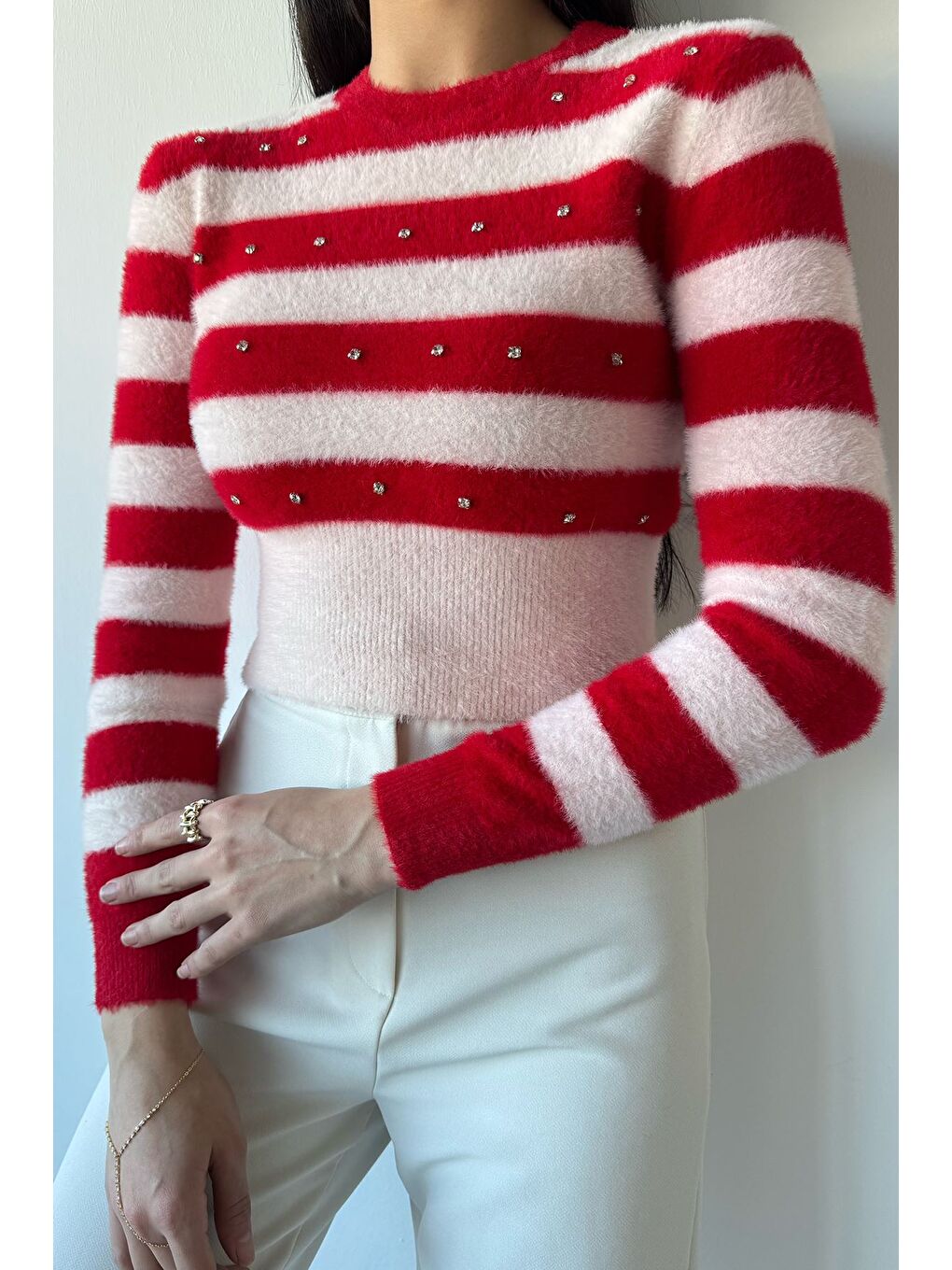 Kırmızı Kadın Taş Detaylı Crop Top Bluz