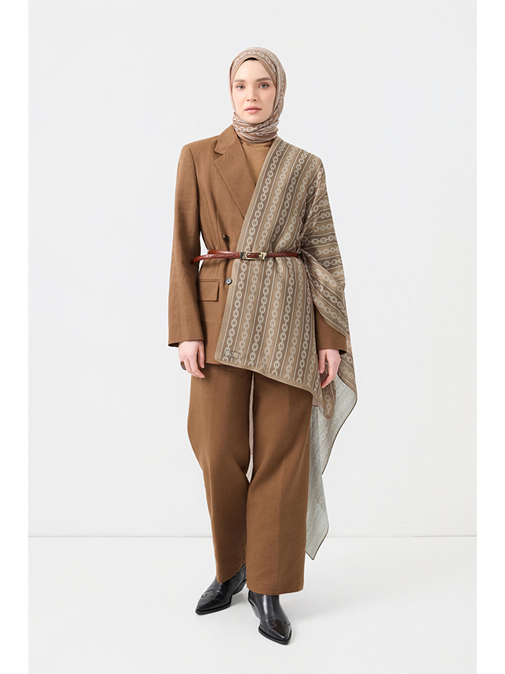 Kahverengi Pamuk Twill Şal Chain Camel-3