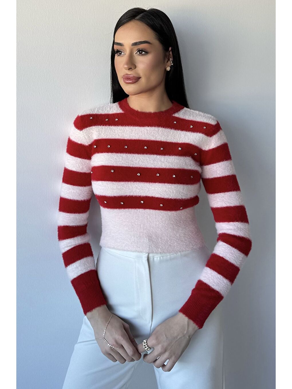 Kırmızı Kadın Taş Detaylı Crop Top Bluz-1