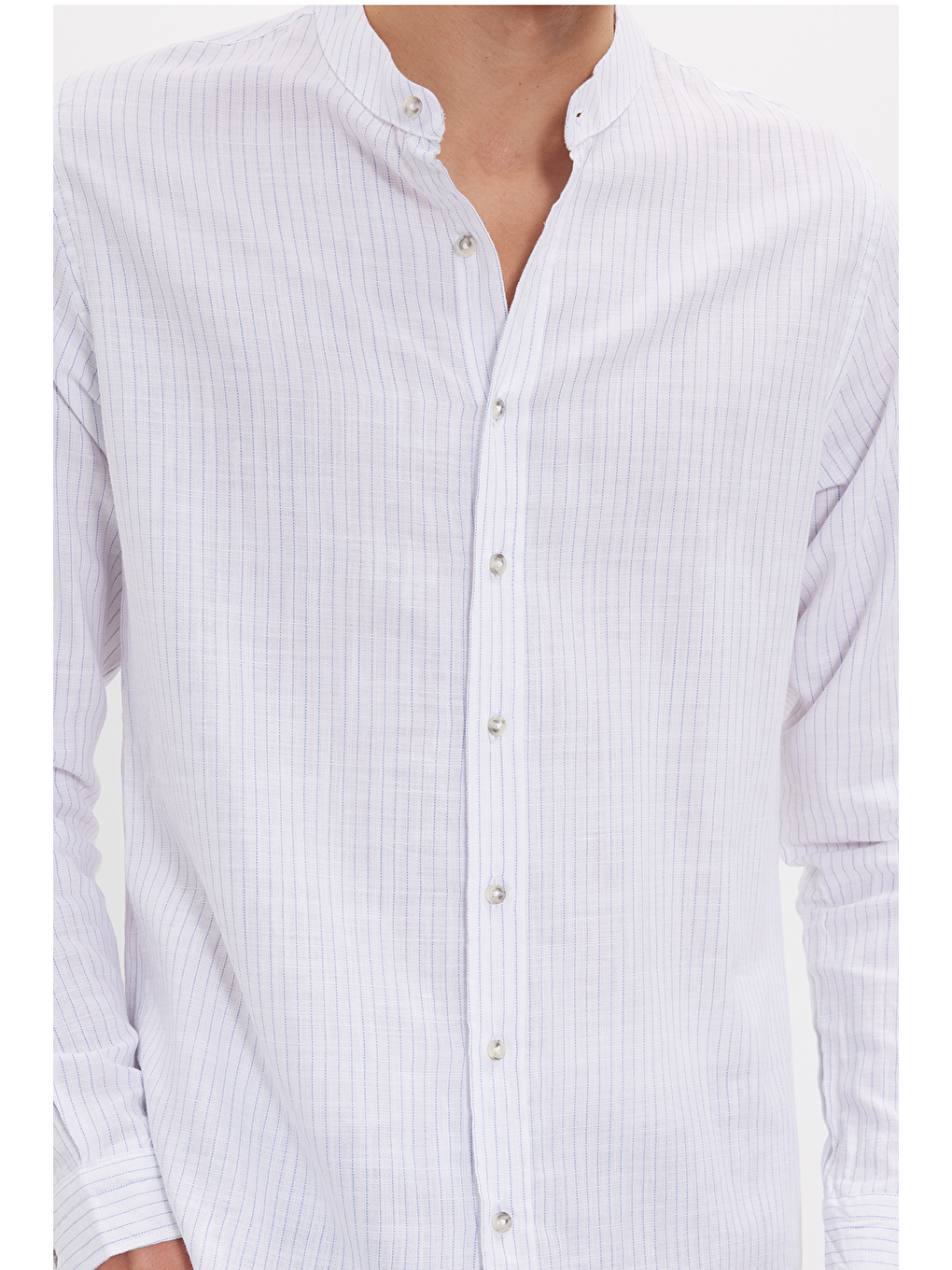 Mavi Erkek Slim Fit Dar Kesim Uzun Kollu %100 Pamuk Keten Doku Çizgili Hakim Yaka Gömlek-4
