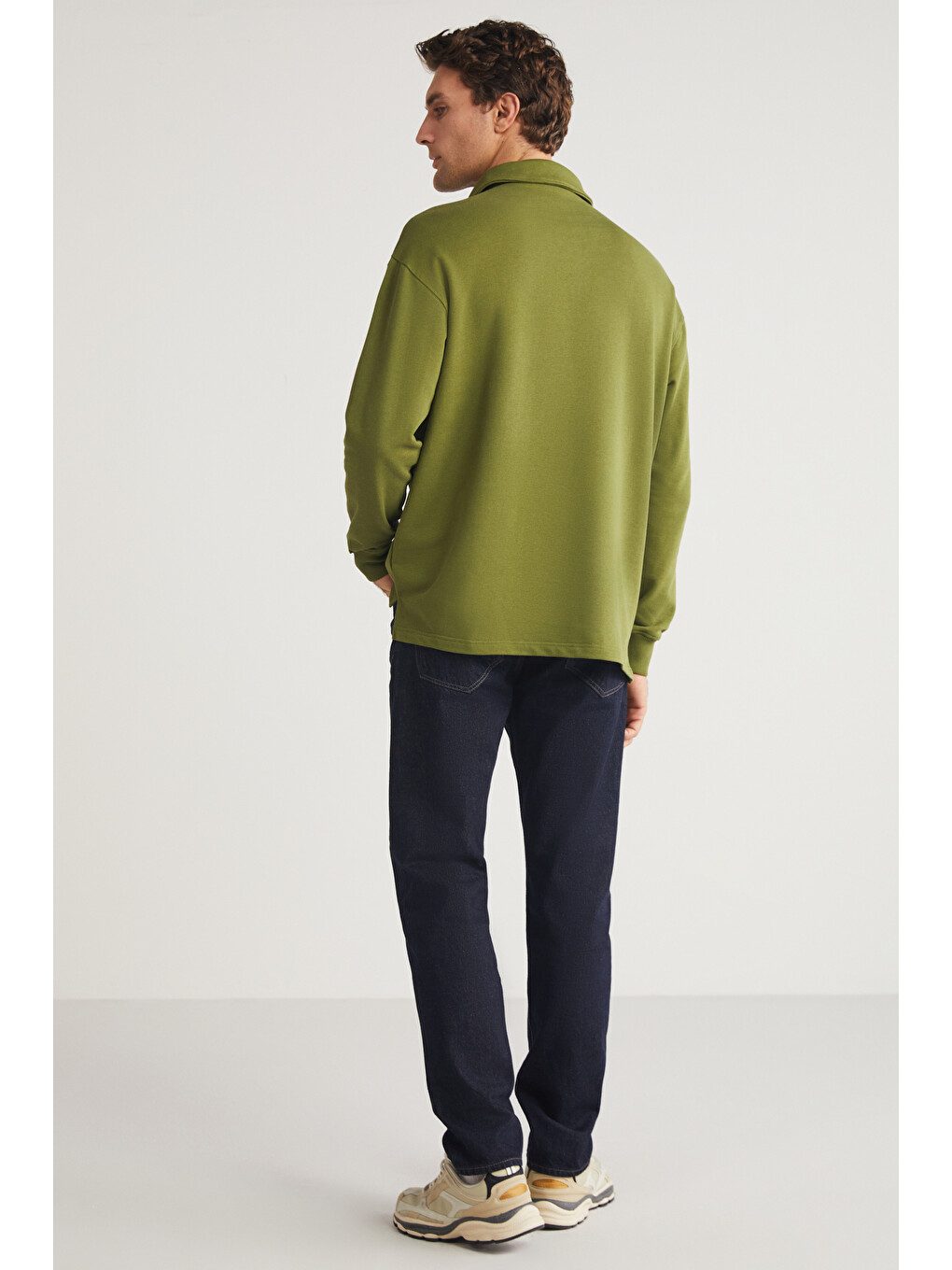 Erkek Polo Sweat Gömlek Yakalı Organik Pamuklu Yırtmaçlı İçi Polarsız Haki Sweatshirt-6