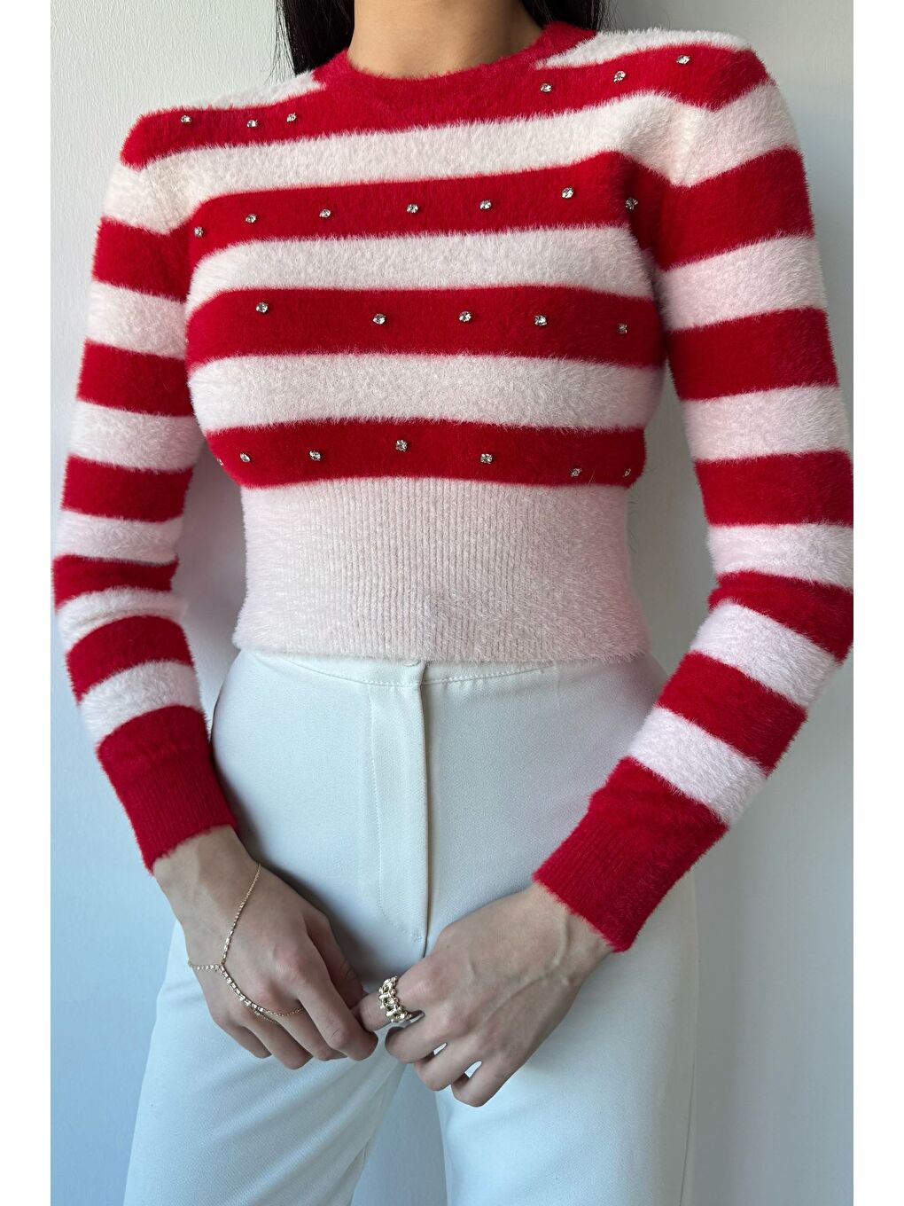 Kırmızı Kadın Taş Detaylı Crop Top Bluz-2