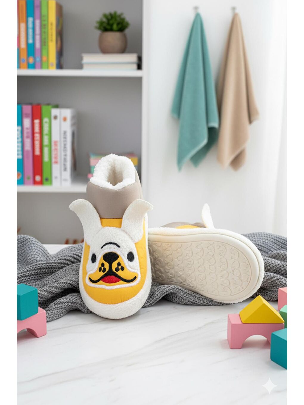 Sarı Dogg Desenli Kaydırmaz Taban Su İtici Kürklü Kreş Ev Okul Ayakkabısı Bebek Çocuk Panduf Ev Botu-1