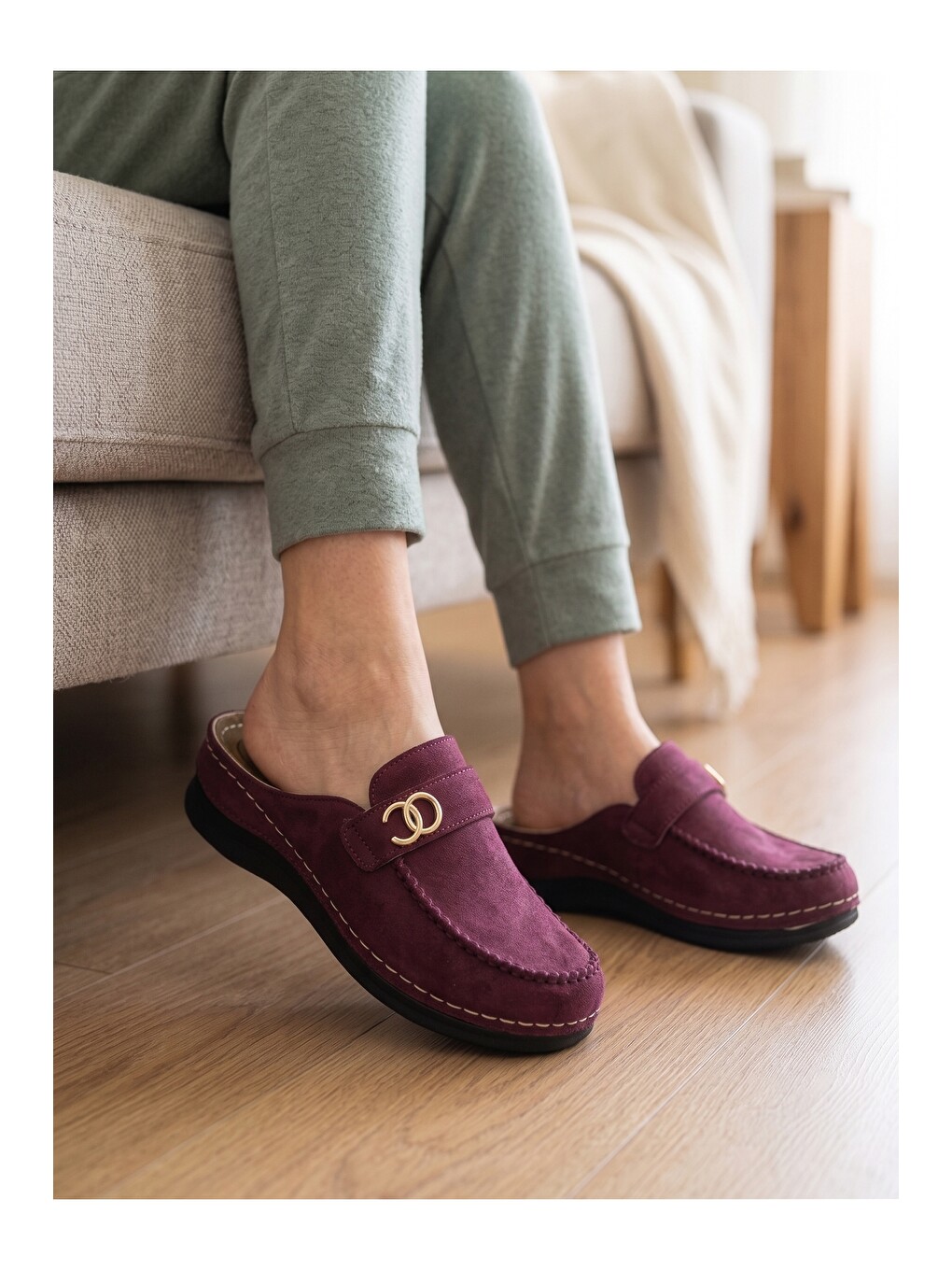 Bordo Kadın, Süet Görünümlü, Metal Tokalı, Günlük, Casual, Konfor Terlik-1
