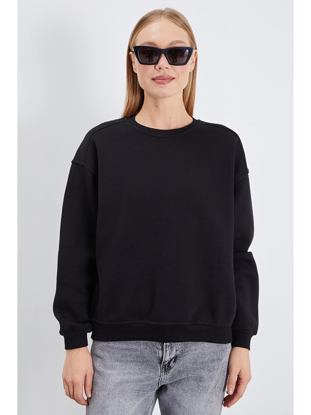 Siyah 3 İplik Basic Bisiklet Yaka Oversize Sweatshirt-1