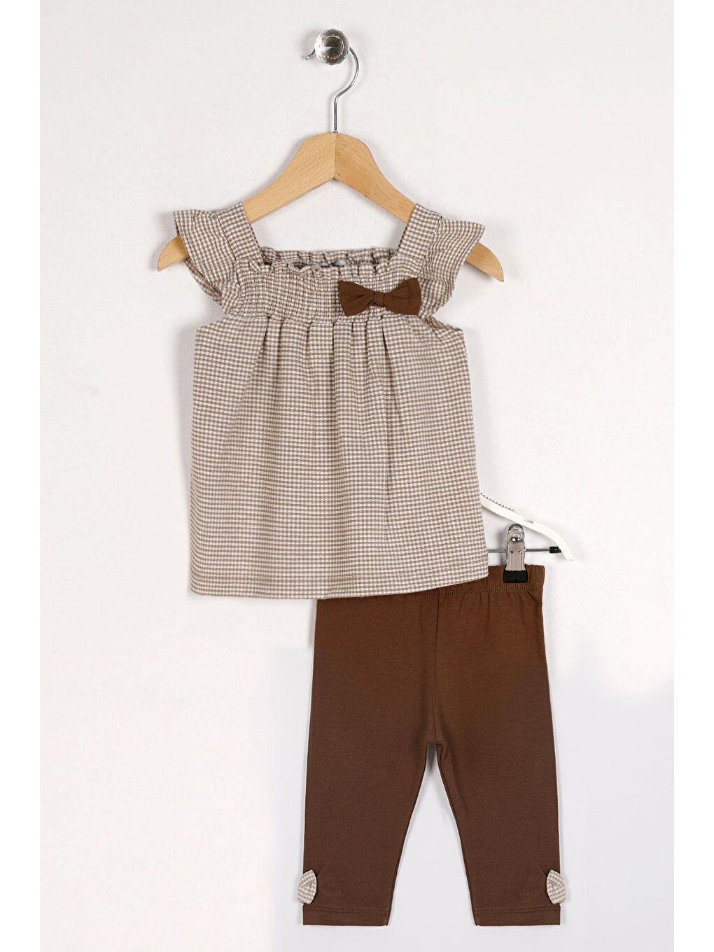 Bej Pitikareli Omuz Detaylı Kız Çocuk Taytlı Takım