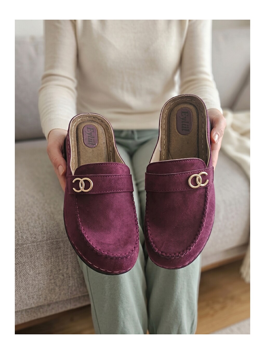 Bordo Kadın, Süet Görünümlü, Metal Tokalı, Günlük, Casual, Konfor Terlik-2