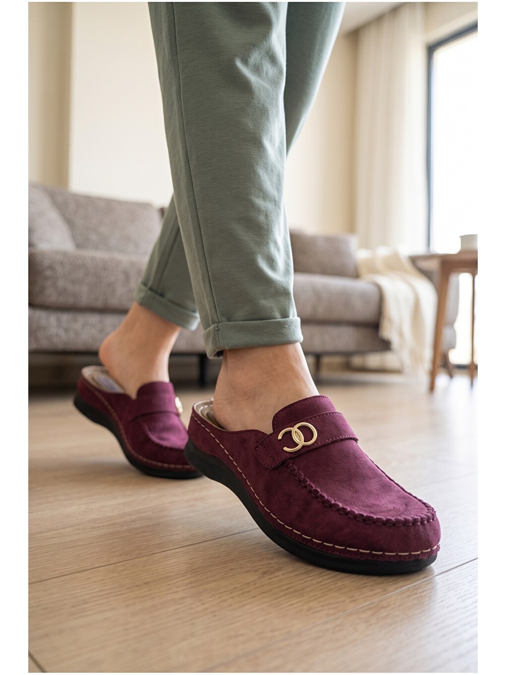 Bordo Kadın, Süet Görünümlü, Metal Tokalı, Günlük, Casual, Konfor Terlik-3