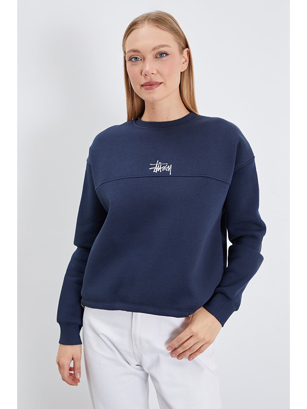 Lacivert 3 İplik İmza Nakışlı Stoperli Oversize Sweatshirt-1