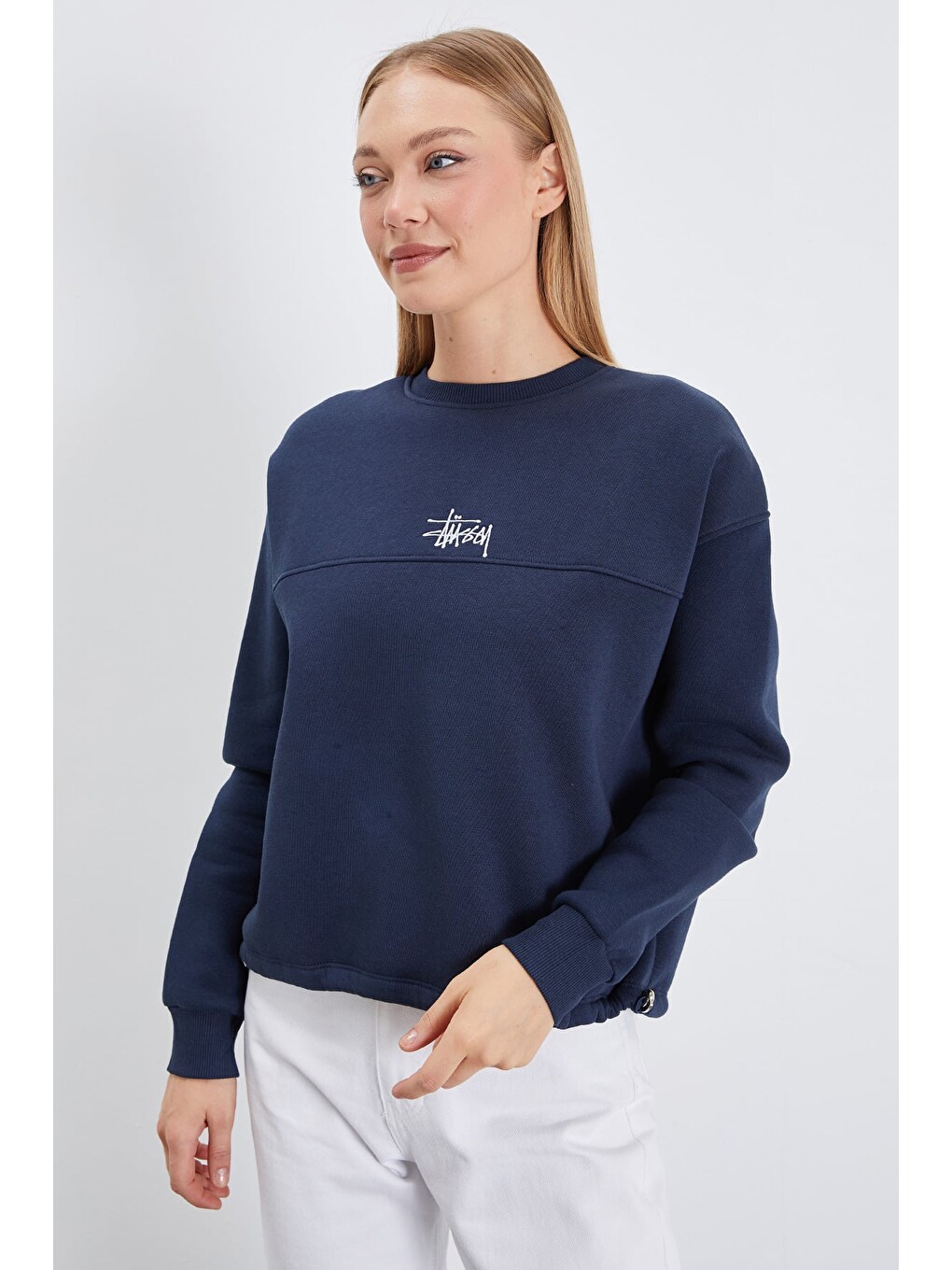 Lacivert 3 İplik İmza Nakışlı Stoperli Oversize Sweatshirt-2