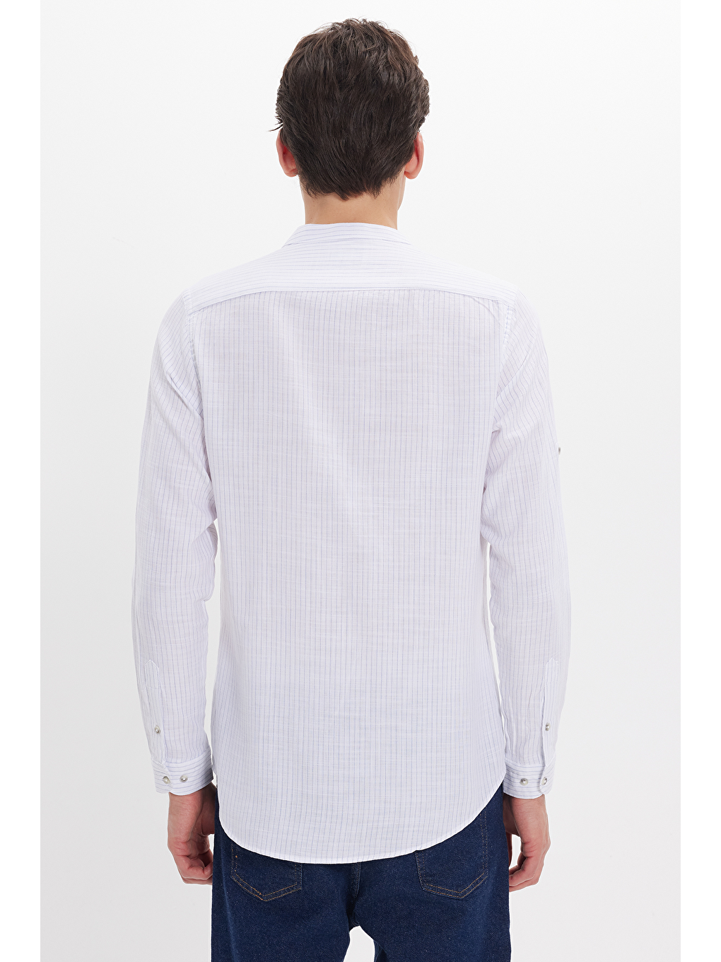 Mavi Erkek Slim Fit Dar Kesim Uzun Kollu %100 Pamuk Keten Doku Çizgili Hakim Yaka Gömlek-6