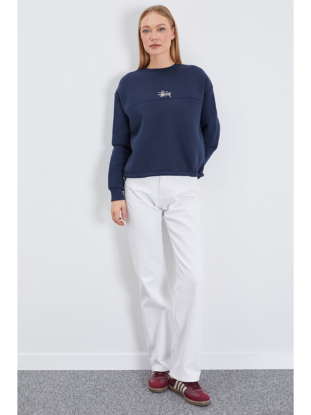 Lacivert 3 İplik İmza Nakışlı Stoperli Oversize Sweatshirt-3