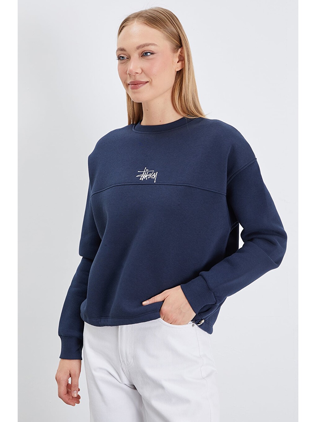 Lacivert 3 İplik İmza Nakışlı Stoperli Oversize Sweatshirt-4