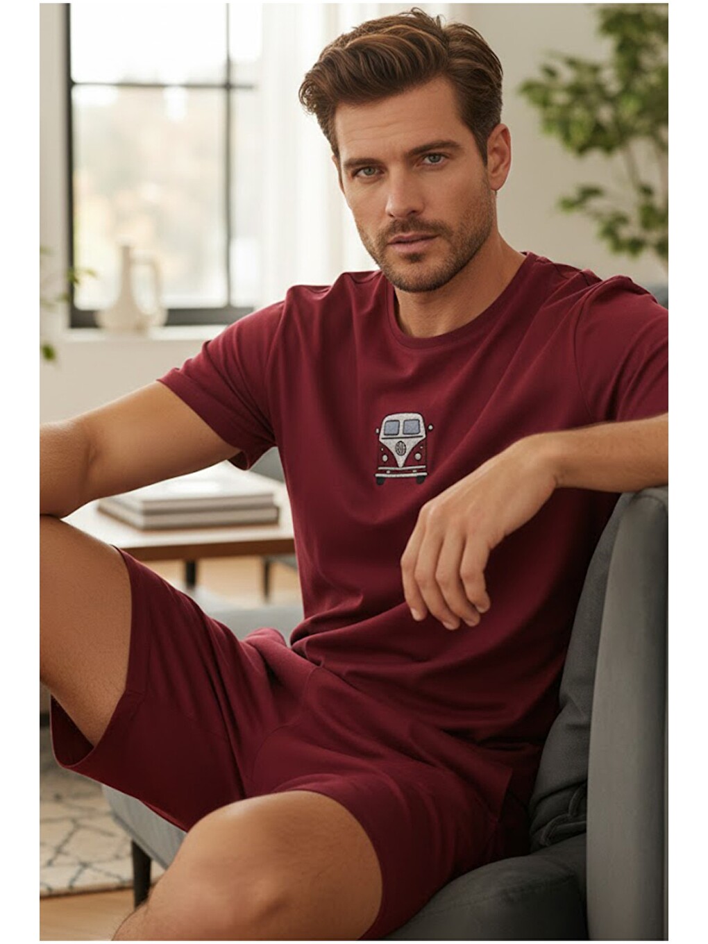 Bordo Kısa Kollu Örme Nakışlı Erkek Şort-pijama Takım 7820