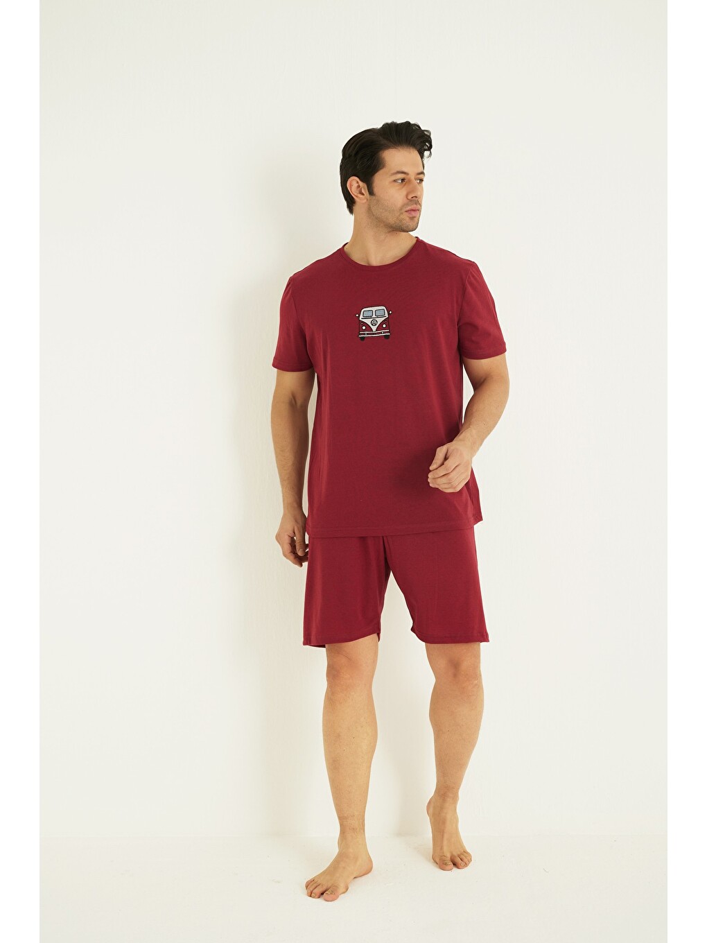 Bordo Kısa Kollu Örme Nakışlı Erkek Şort-pijama Takım 7820-1