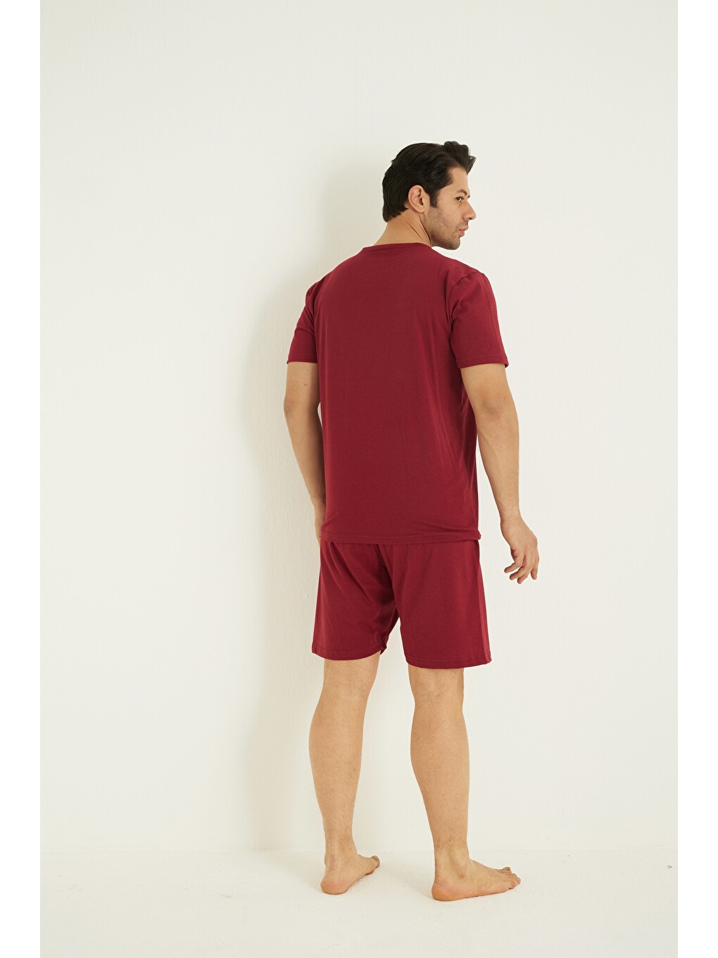Bordo Kısa Kollu Örme Nakışlı Erkek Şort-pijama Takım 7820-2