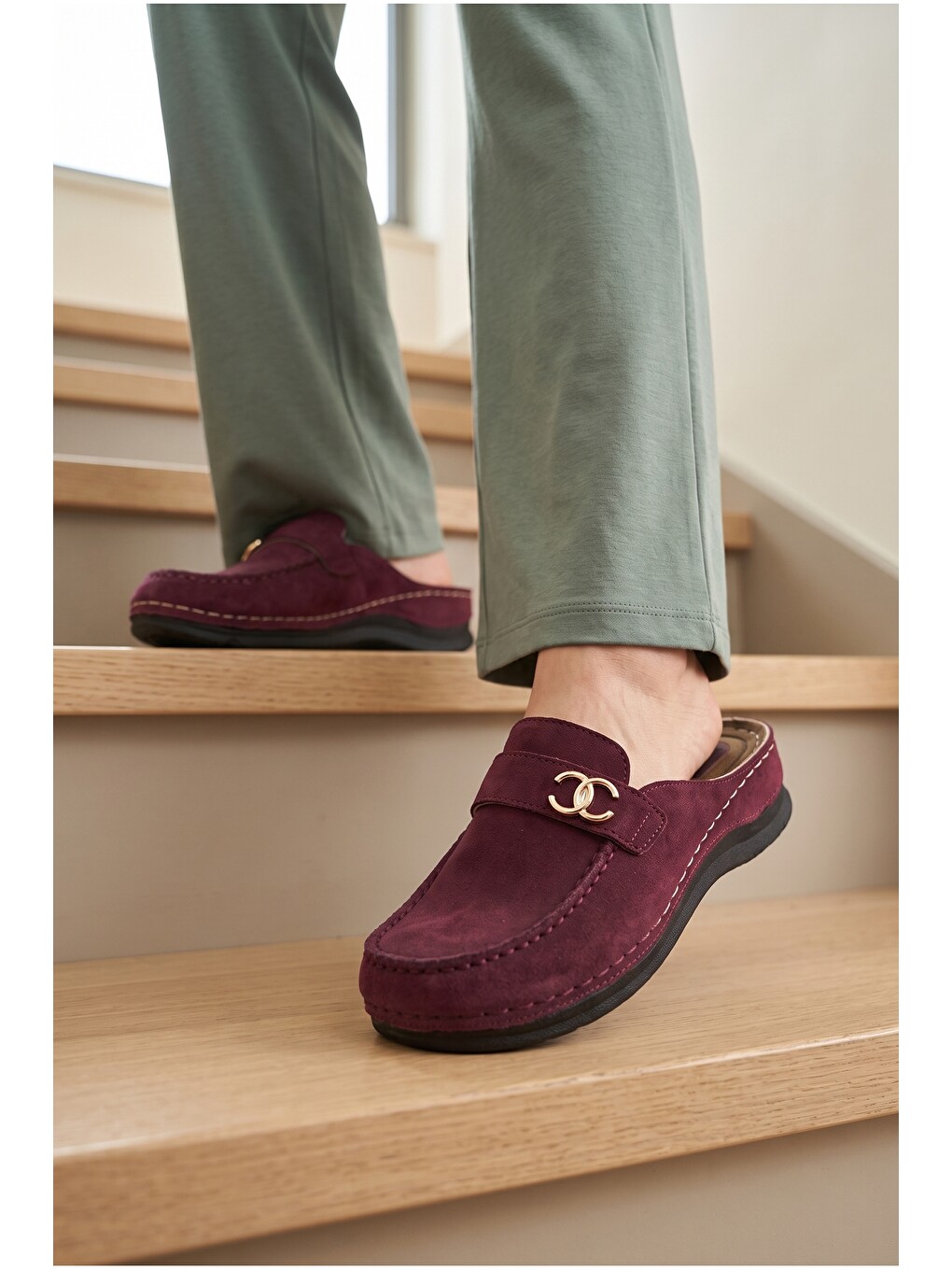 Bordo Kadın, Süet Görünümlü, Metal Tokalı, Günlük, Casual, Konfor Terlik-4