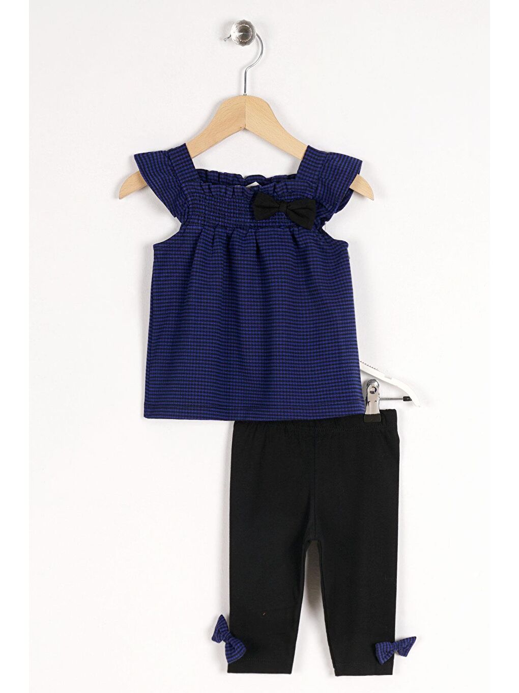 Mavi Pitikareli Omuz Detaylı Kız Çocuk Taytlı Takım