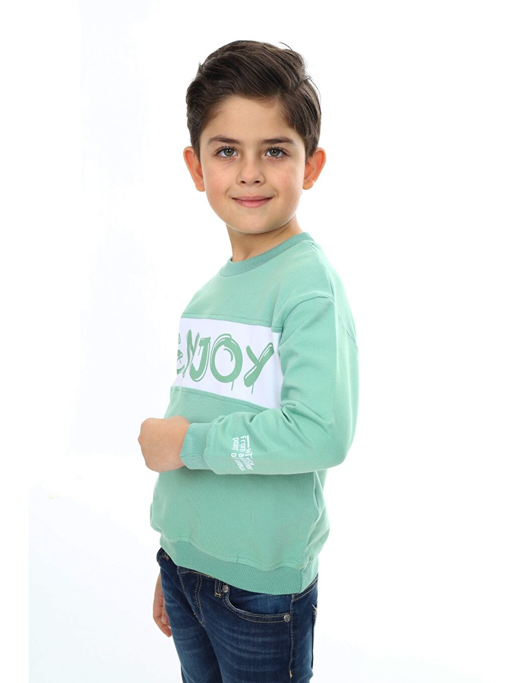 Yeşil Erkek Çocuk Relax Fit Bisiklet Yaka Düşük Omuz Baskılı Sweatshirt-1