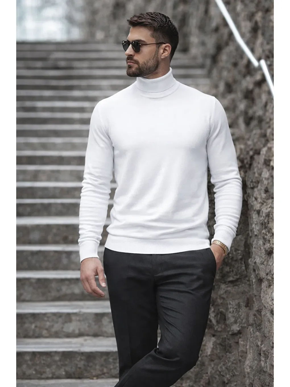 Erkek Kışlık Basic Uzun Boğazlı Beyaz Kazak-2